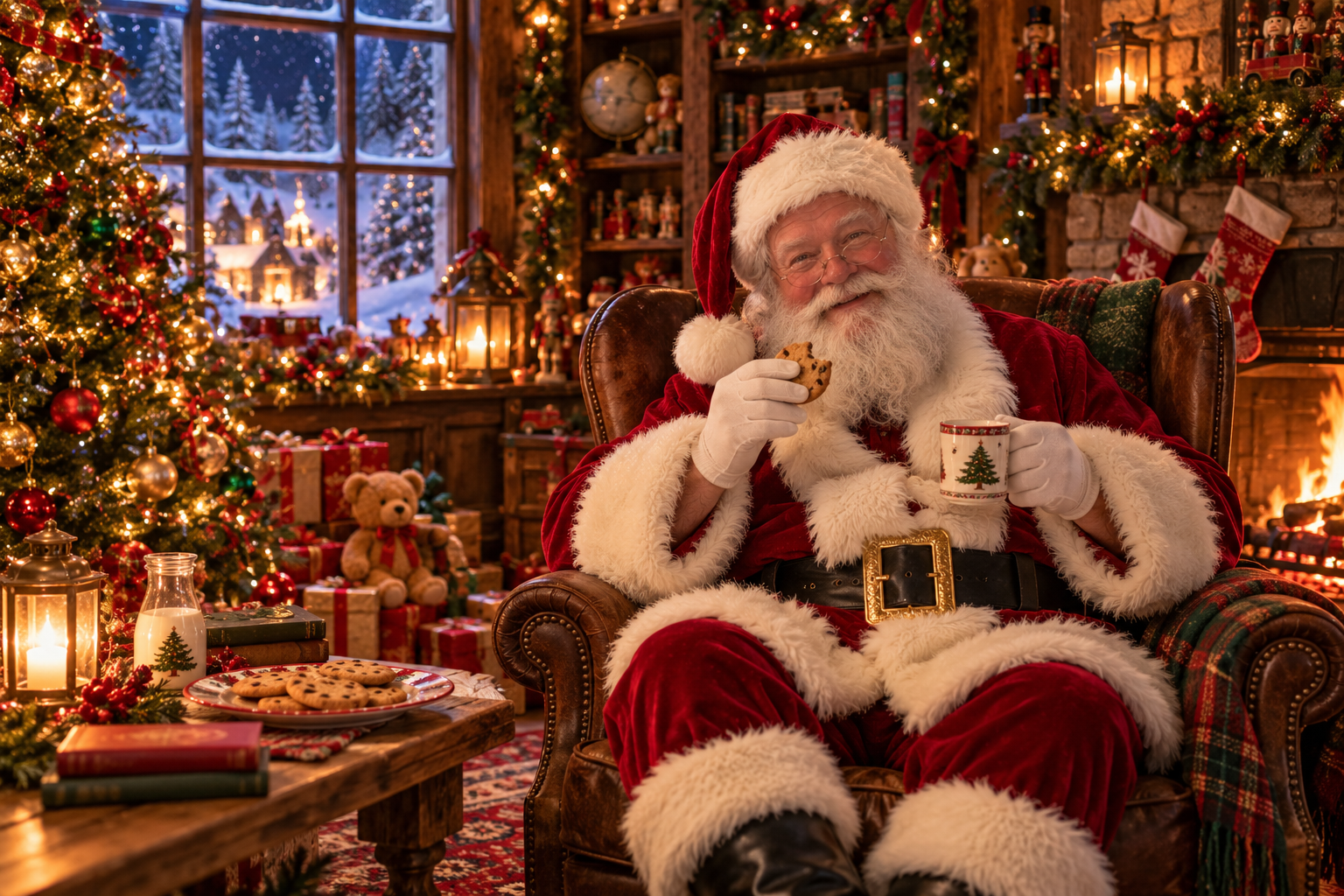 Santa Claus sitting by the fire in his cozy Christmas workshop with cookies and milk